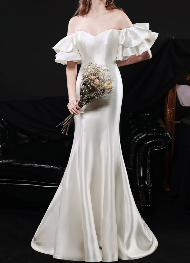 Robe de Mariée en Satin Élégante et Simple, Tenue Vintage à Manches Courtes et Traîne