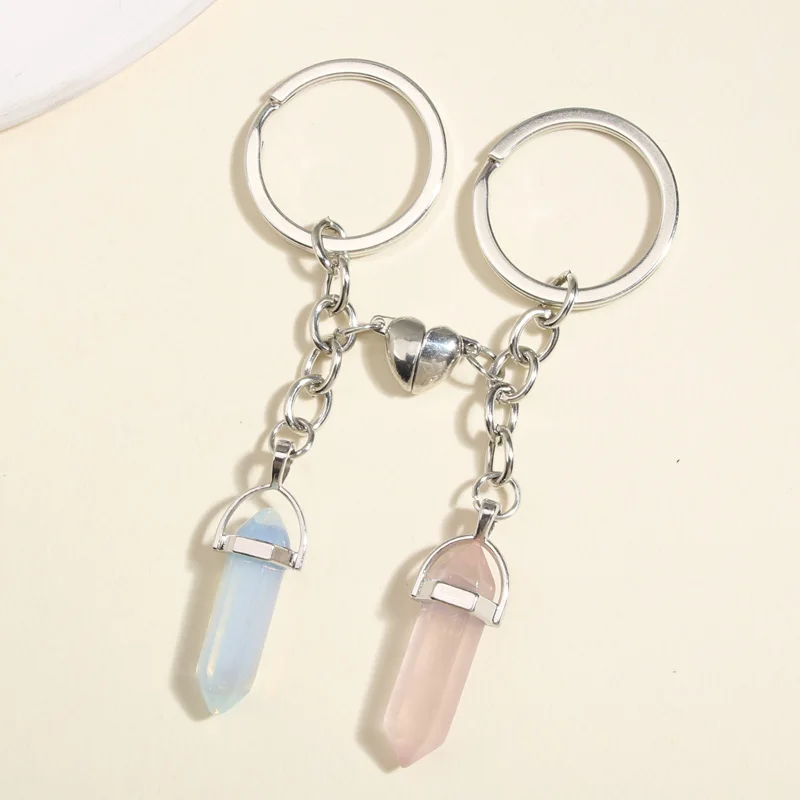 New Keychain Crystal Quartz Stone Key Ring Heart Magnetic Button Key Chains For Couple Friend Gifts DIY Handmade Jewelry