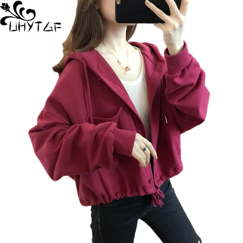 UHYTGF 2021 New Spring Autumn Top Women Casual Hoodies Korean Loose Big Size Jacket Single Breasted Cute Girl Short Coat 1974