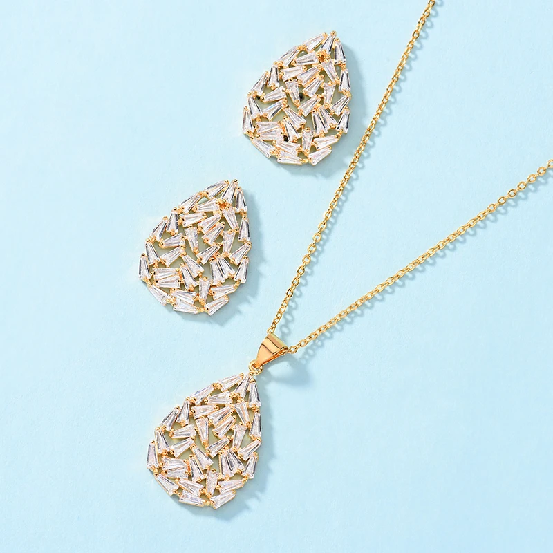 Jewelry Sets HADIYANA Classical Delicate Women Wedding Water Droplets Shape Bridal Necklace And Earrings Set CN321 Bisuteria