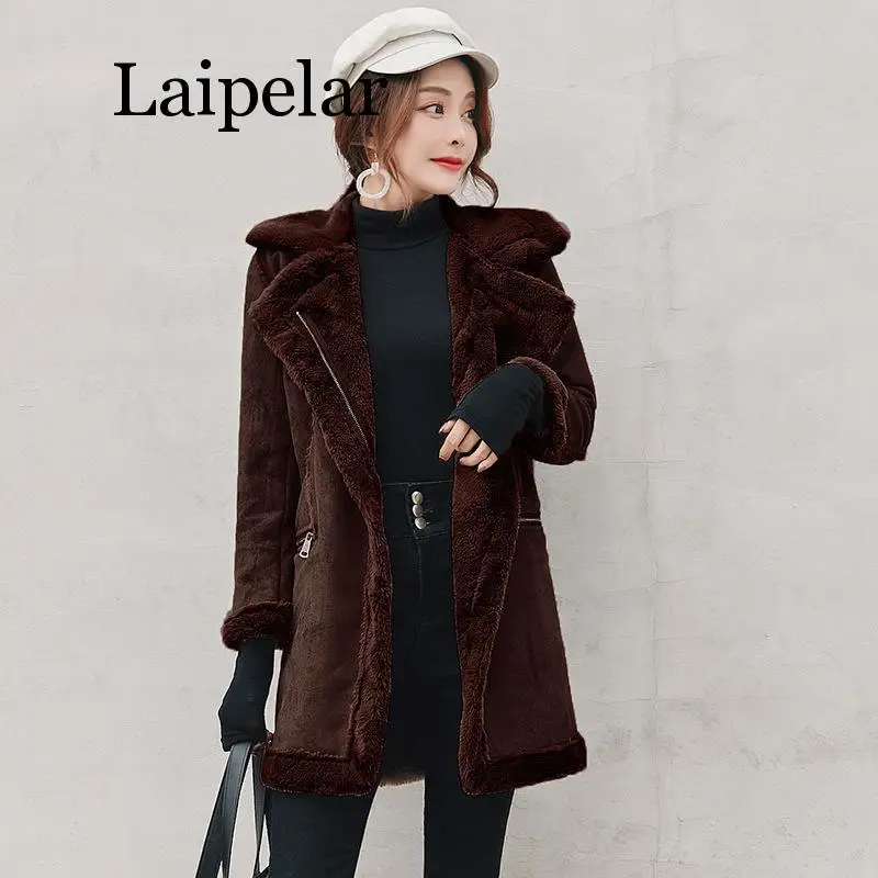 Winter Long Faux Suede Leather Jacket Women Female Green Faux Fur Lined Suede Jacket Woman Coat Large Windbreaker