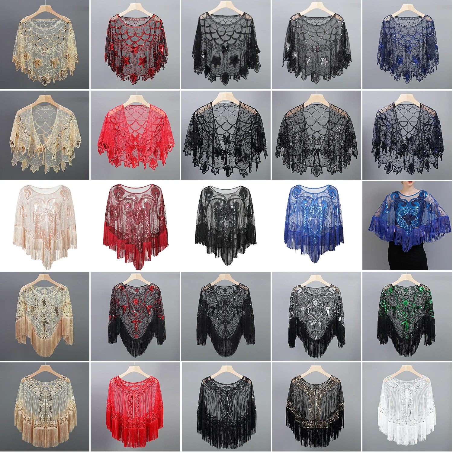 Women Vintage 1920s Shawl Wraps Sequin Beaded Evening Party Cape Bridal Shawls Bolero Flapper Cover Up