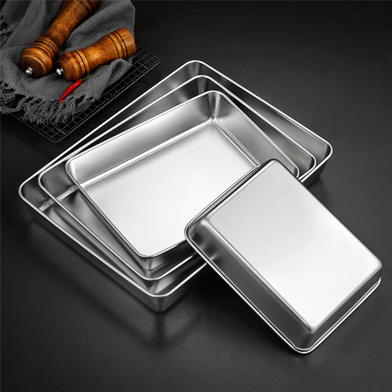 Stainless Steel Rectangular Baking Tray Food Barbecue Bakeware Fruit Bread Storage Plate with Handle Deep Pan Dish Kitchen Tools