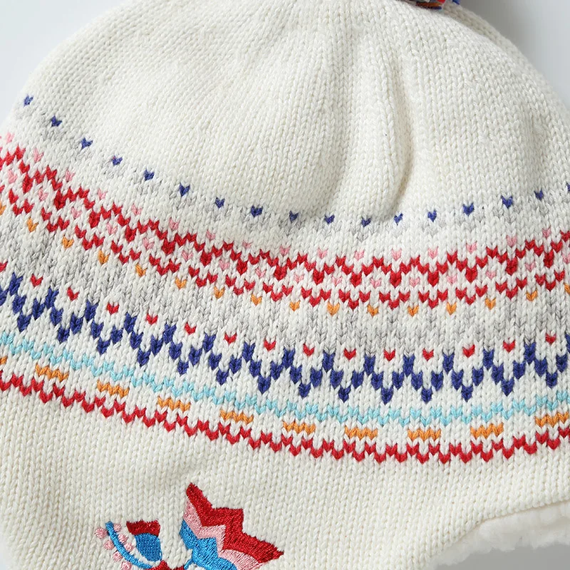 Connectyle Toddler Infant Kids Thick Warm Cotton Cute Jacquard White Winter Hat Sherpa Lined Knit Hat Earflap Skull Cap With Pom