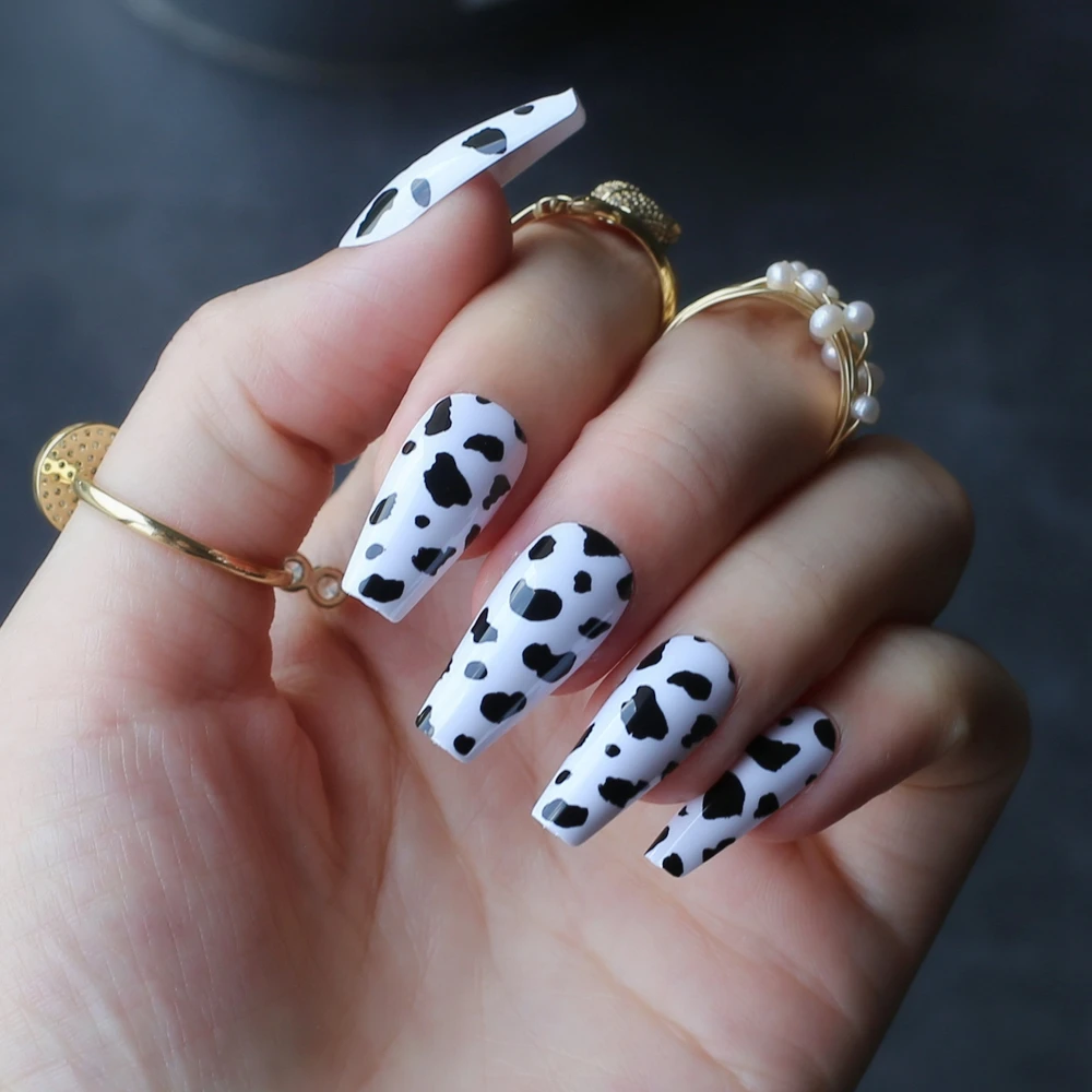 Cow print fake nails Medium Coffin false nail Acrylic UV design gel popular Black spots white Art Design Ballet