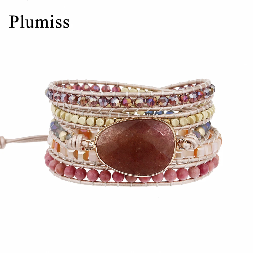 Plumiss Strawberry Quartzs Wrap Bracelets Natural Stone Hematite Rhodonite Boho Bracelet for Women Claret Red Crystal Jewelry