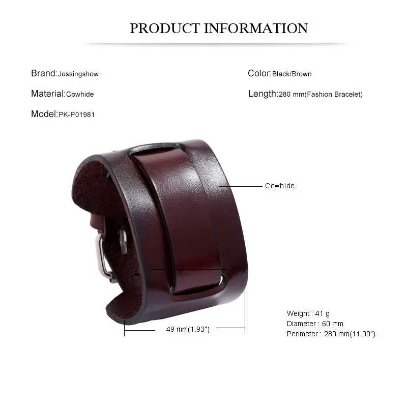 New Fashion Men Wide Genuine Leather Bracelet Brown Black Wide Cuff Bracelets & Bangles Vintage Punk Wristband Men Jewelry Gift