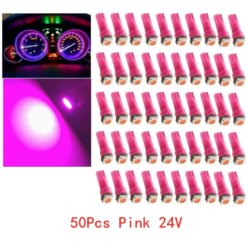 50Pcs T5 5050 1SMD 24V Pink Blubs Wedge Dashboard LED Lights Bulbs Car Lnstrument Indicator AC Lamp Auto Interior Accessories