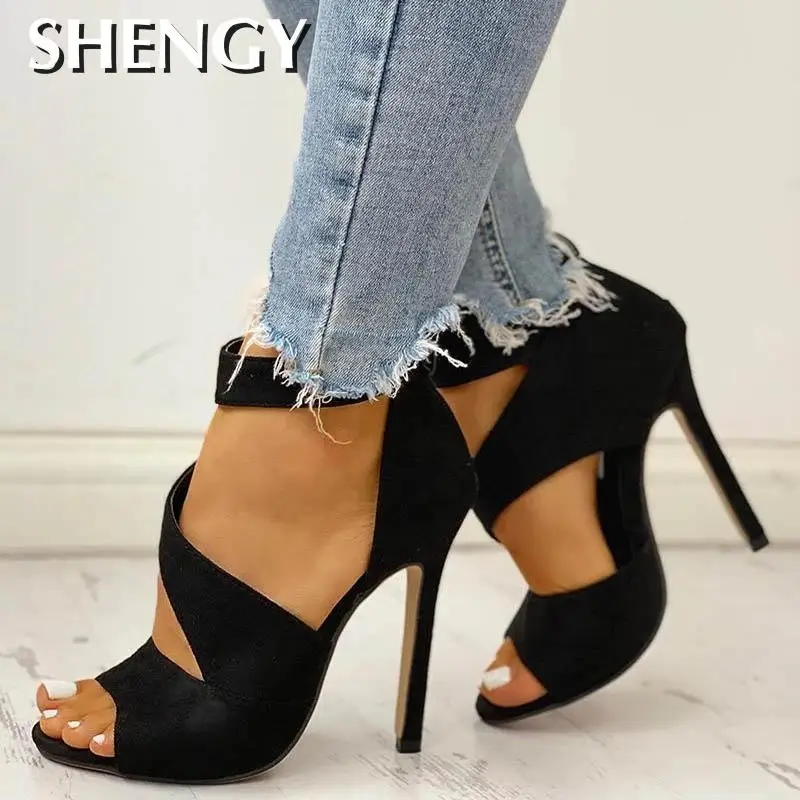 NEW Thin Heels Women Summer Thin High Heels Zipper Peep Toe Sandals Office Hollow Out Sandals Shoes Woman High Heels Party Pumps