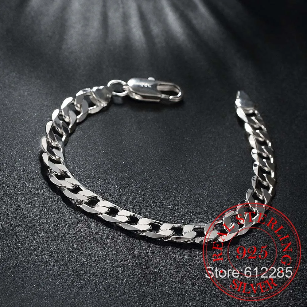 925 Sterling Silver Bracelet Fine Jewelry 8MM 20cm Sideways Flat Male Chain Bracelet Armband/pulsera for Men 8 Inch