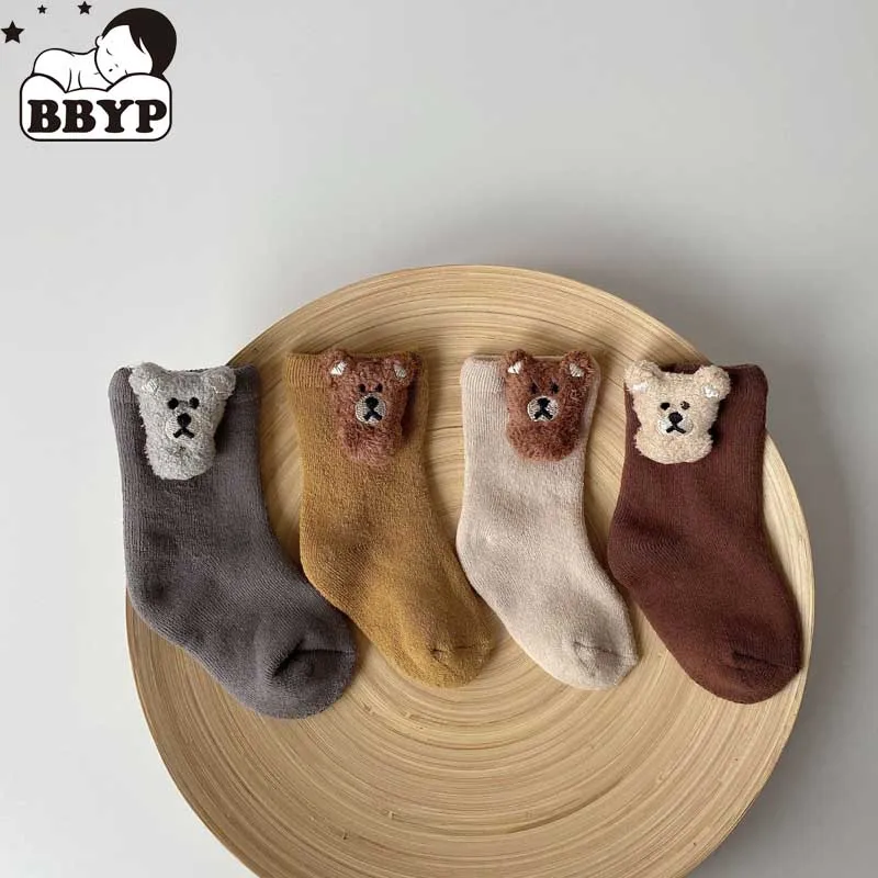 

4 Pairs Baby Boys Winter Socks Cute Cartoon Bear Kids Spring Autumn Cotton Breathable Keep Warm Floor Anti-skid Girls Socks 0-3Y