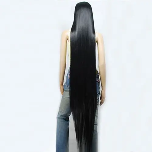 200cm/79" 150cm/59" 120cm/47" 100cm/39" 80cm/32" Black Long Straight Wig Heat Resistant Synthetic Hair Cosplay Wigs + Wig Cap - Image 4
