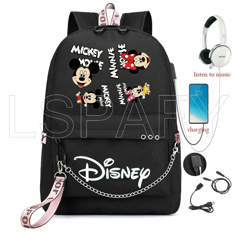 Disney Mickey Mouse plecak z ładowarką USB dziewczęcy tornister mężczyźni kobiety plecak tornister nastolatki codzienny plecak łańcuchowy