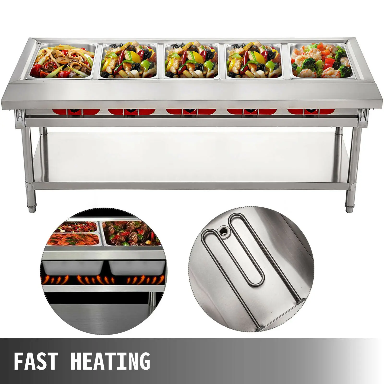 VEVOR Electric Steam Table Food Warmer Stand Stainless Steel Foldable for Restaurants Canteens Catering Holding Food Commercial