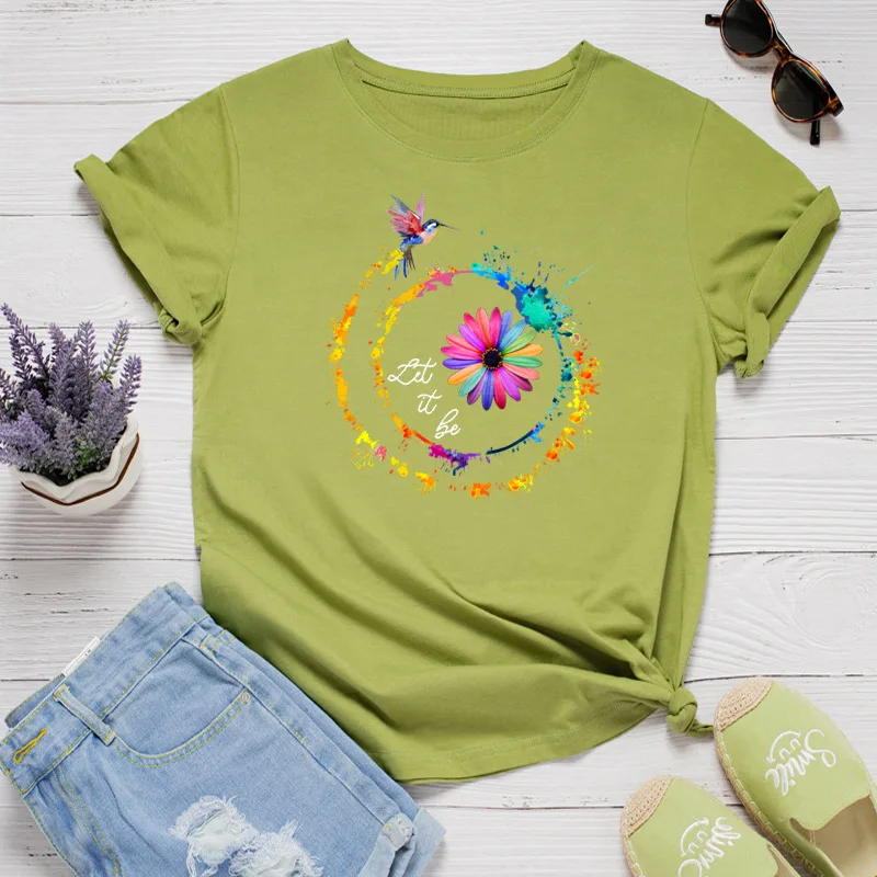 European And American Fashion Flowers Harajuku Print Women's T-shirt Loose Round Neck Cotton Short Sleeve Top Tees