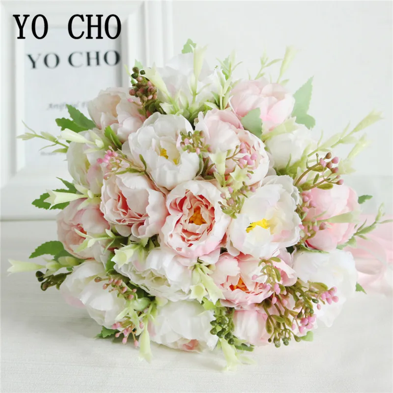 YO CHO ประดิษฐ์ Peony Wedding Bouquet เจ้าสาว 18 หัวผ้าไหม Peony ประดิษฐ์ดอกไม้ช่อดอกไม้แต่งงานสีชมพูสีขาวแต่งงาน