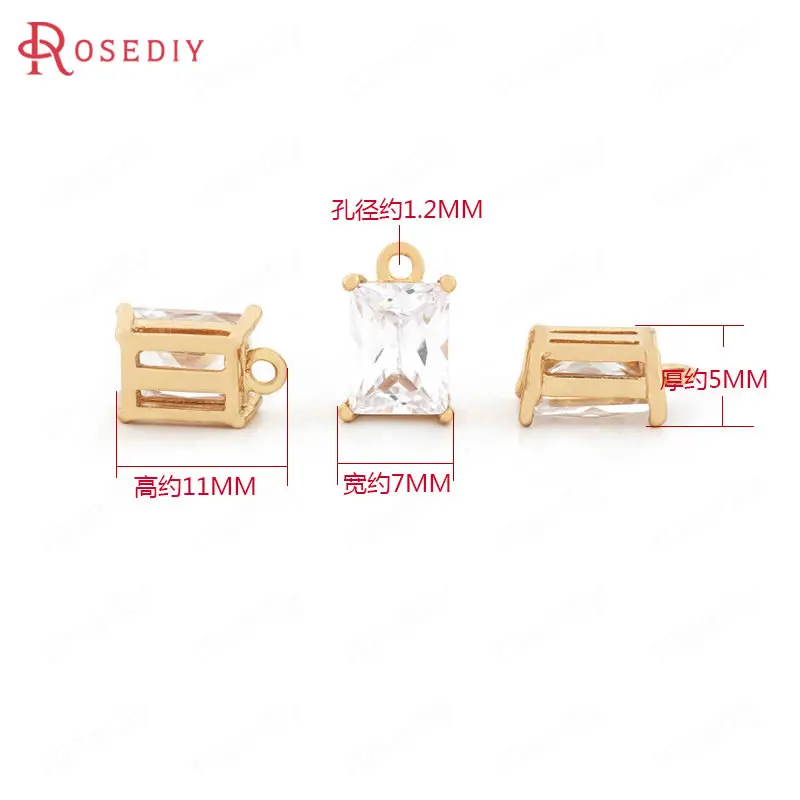 (F253)4 pieces 7*11*5mm High Quality Champagne Gold Color Brass and Zircon Rectangle Charms Diy Jewelry Findings Accessories