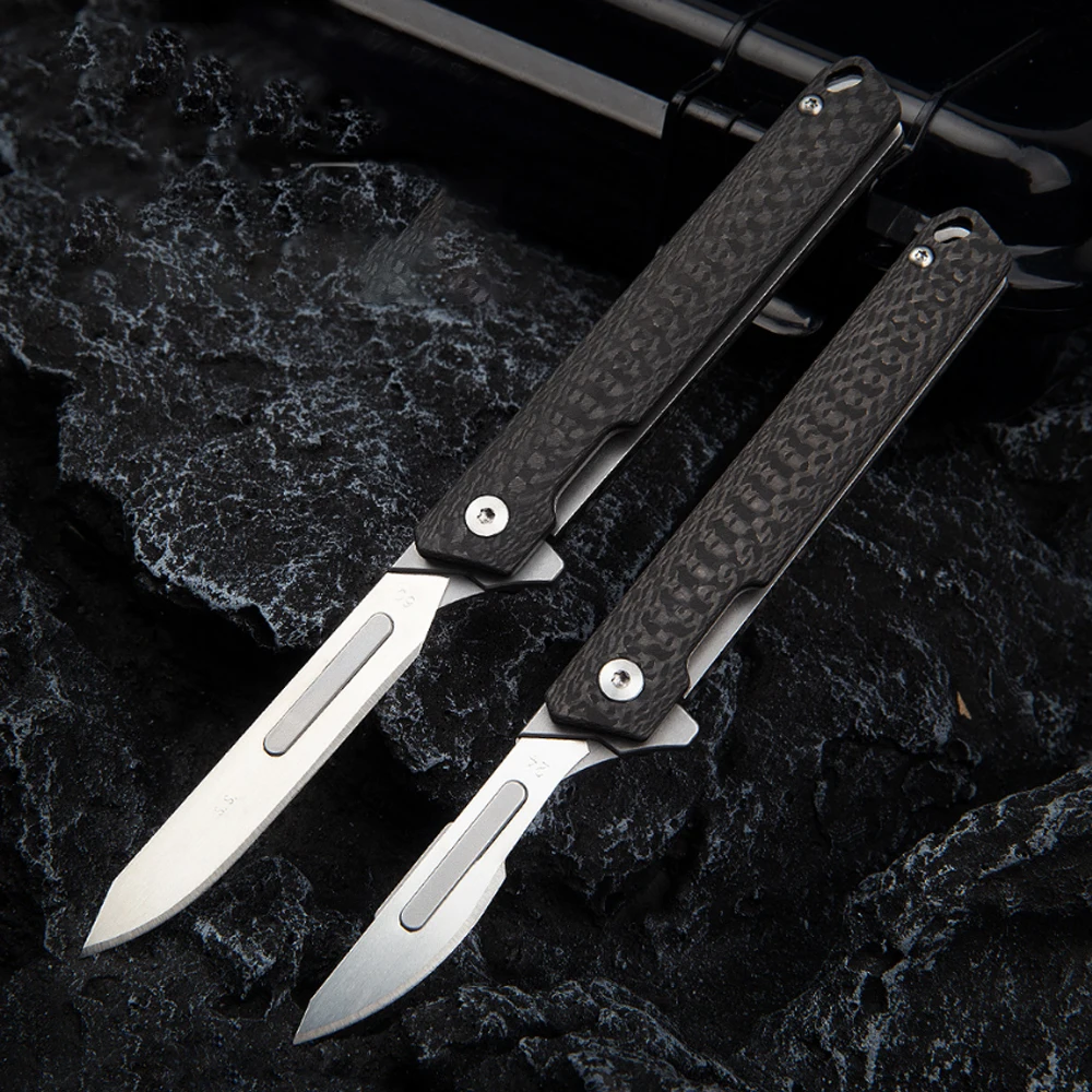 

EDC Portable Pocket Folding Knife Carbon Fiber Handle Hunting Self-Defense Knife Outdoor Camping Keychain Utility Carving Tools