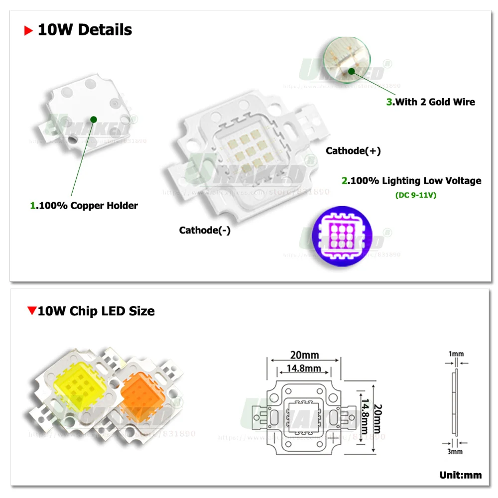 High Power LED Chip 10W 9-11V 900mA SMD COB Doide Warm Cool White Red Green Blue RGB Yellow 660 440 Growth LED Flood Light Beads