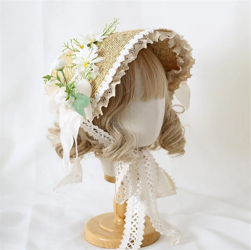 Mori Girl Daisy Flower Lolita Straw Hat  Elegant Tea Party Flat Cap  Lace Bonnet Bnt BB Hat B1763