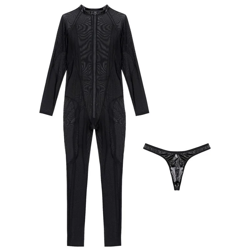 Men See Through Mesh Lingerie Skinny Full Body Bodysuit Long Sleeves Leotard Jumpsuit Muscle Fetish Wear