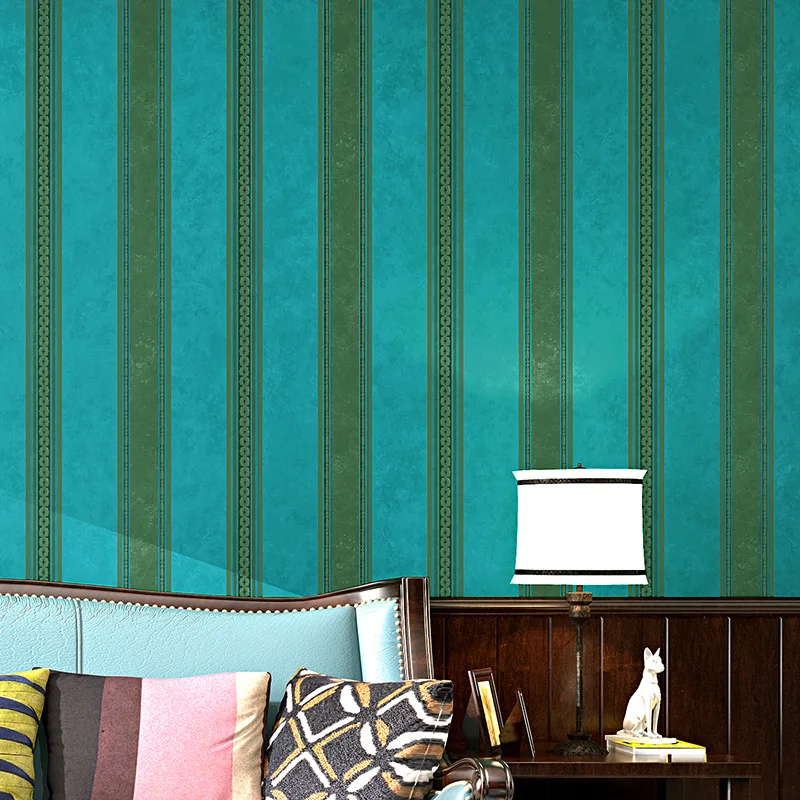 Green Color Wallpaper Retro Green Nostalgic American-Style Village Style Dark Green Green Color Vertical Stripe Bedroom Striped