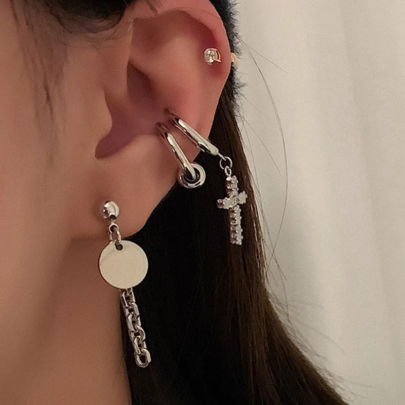 Drop Earrings for Women Fashion Simplicity Crystal Cross No Ear Hole Two Piece Set Eardrop Jewelry Accessories Wholesale