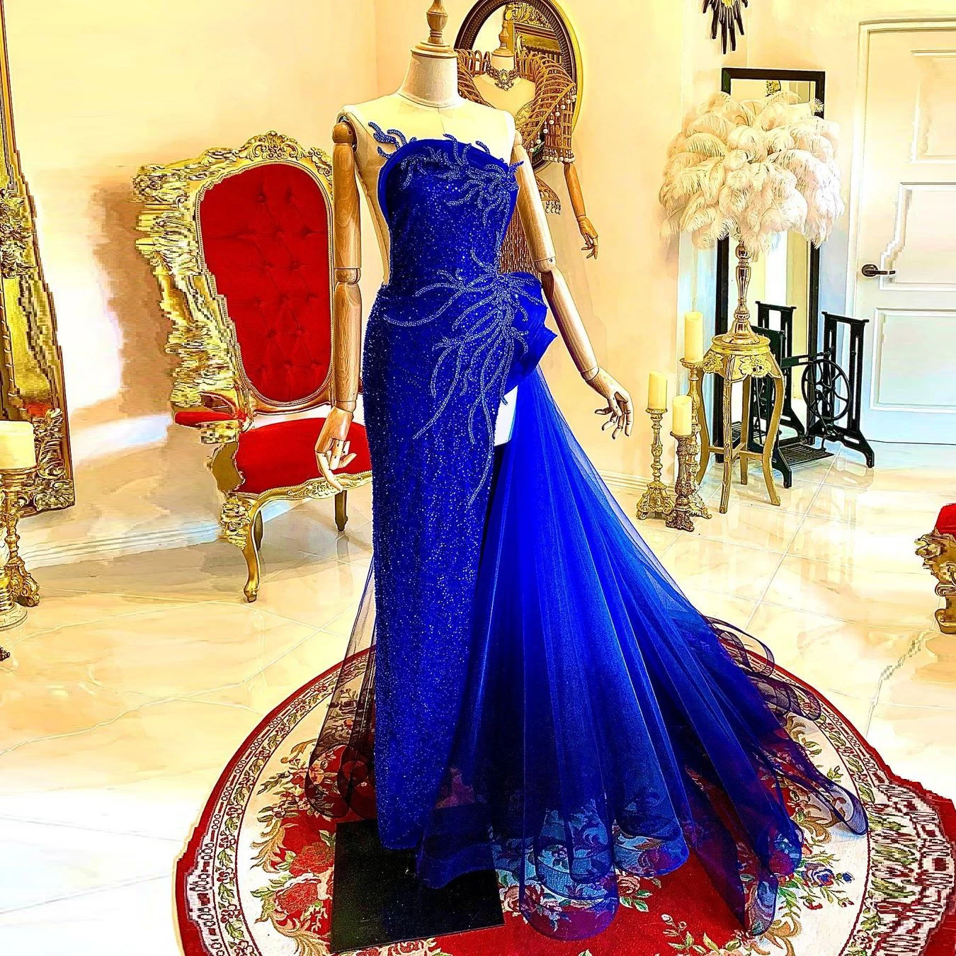 Robe de soirée sirène bleu Royal, luxueuse tenue de soirée, grande taille, sans manches, paillettes scintillantes, fente haute, robes de bal, sur mesure