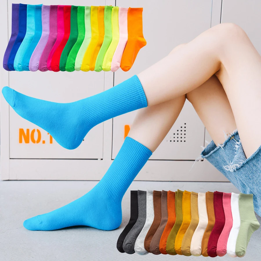 Women Cotton Socks 22 Solid Colors Orange Pink Black White Soft Harajuku Casual Crew Female Sock Spring Autumn Style 1 Pack