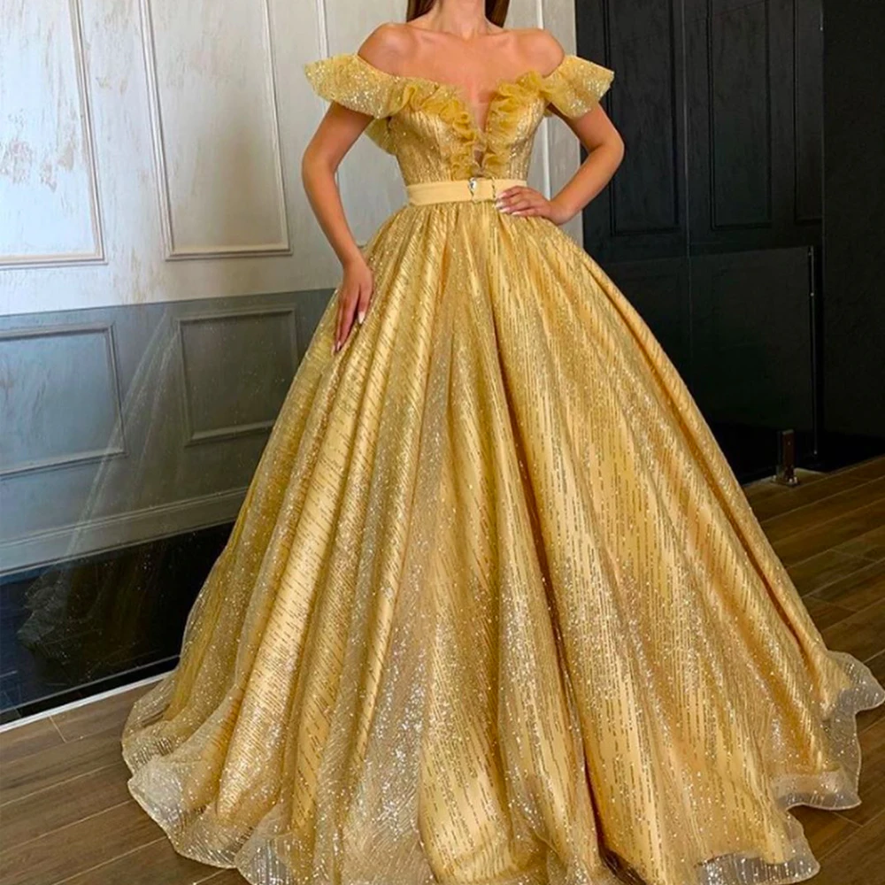 sparkly prom dresses gold off the shoulder 2020 formal drsses shinning sequins ball gown evening dresses gowns