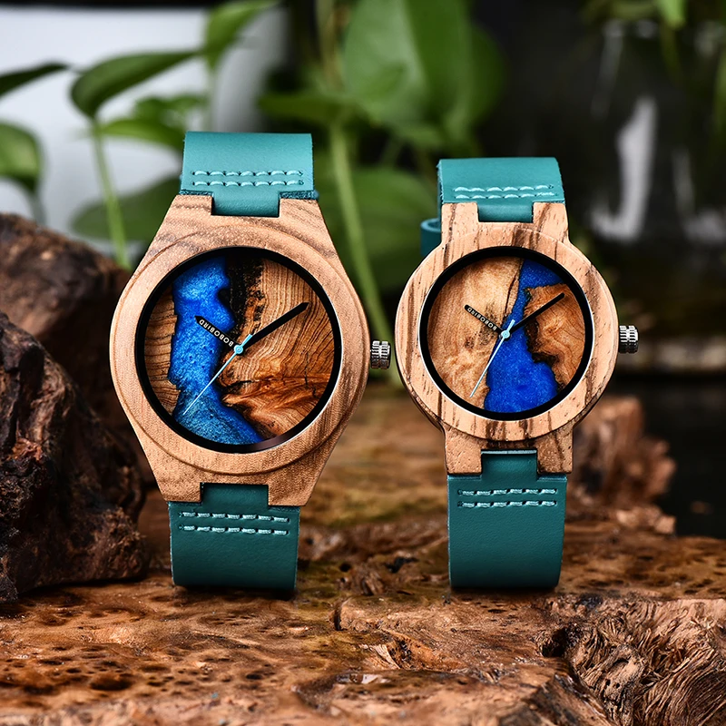 Unique Bamboo Wood Watches Thuja Wood with Blue Ink Resin Men Women Wristwatch Timepieces Wonderful Gift Reloj Hombre BOBOBIRD