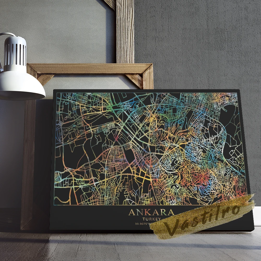 Ankara Map Poster, Black Background Colour Line Map Prints, Turkey Capital City Wall Art, Ankara Geography Location Wall Picture