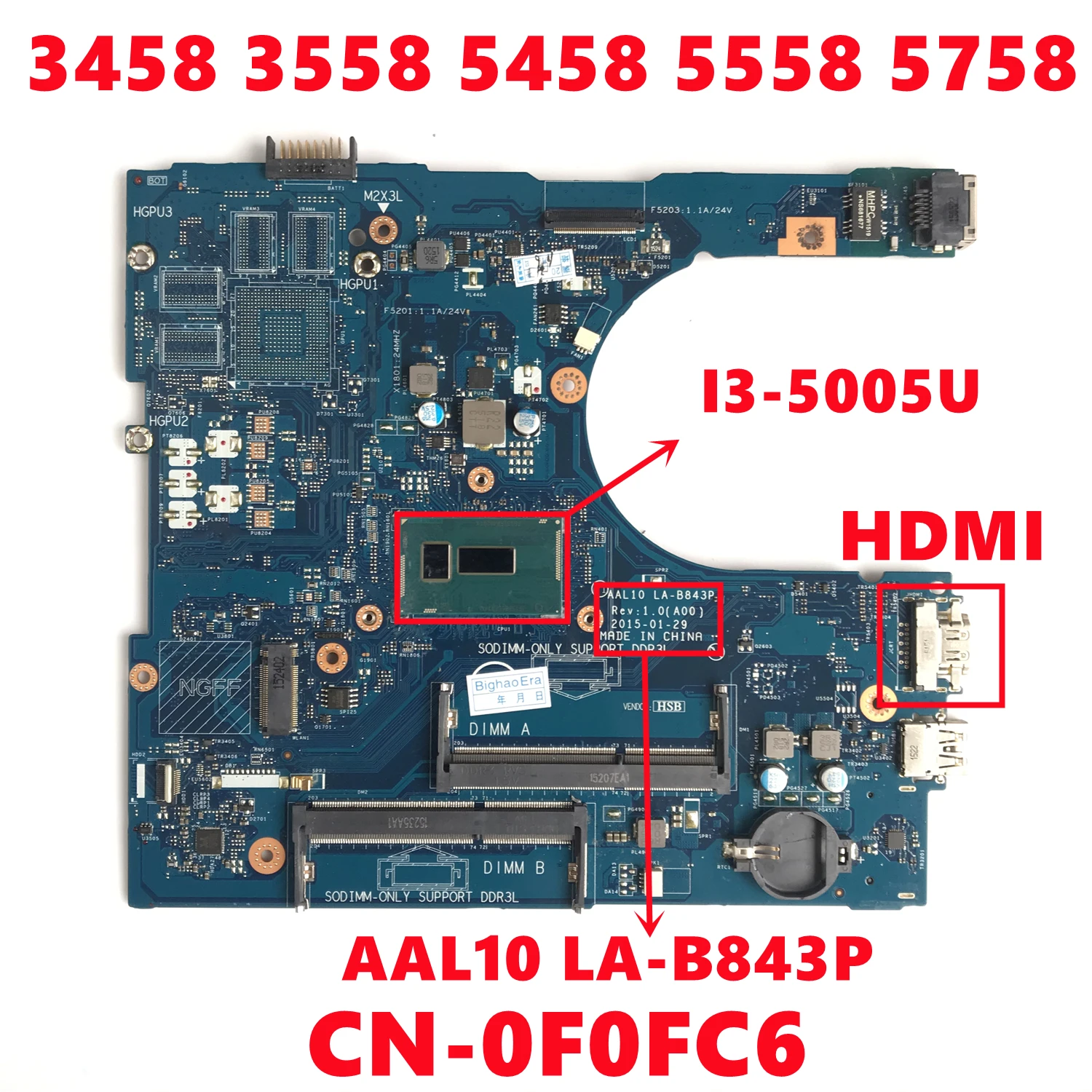 

CN-0F0FC6 0F0FC6 F0FC6 для dell Inspiron 3458 3558 5458 5558, материнская плата ноутбука, задняя часть 10, с процессором I3-5005U, тест 5758