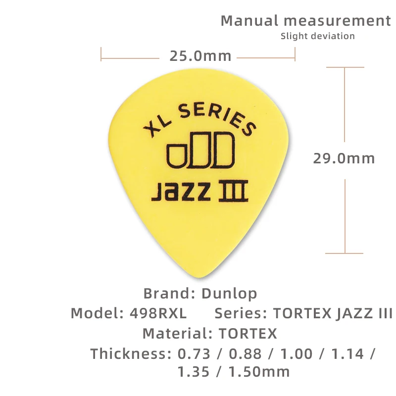 Dunlop Pick. 498R XL Tortex JAZZ 3 plettro per chitarra acustica/elettrica antiscivolo opaco. Spessore: 0.73/0.88/1.00/1.14/1.35/1.50mm.