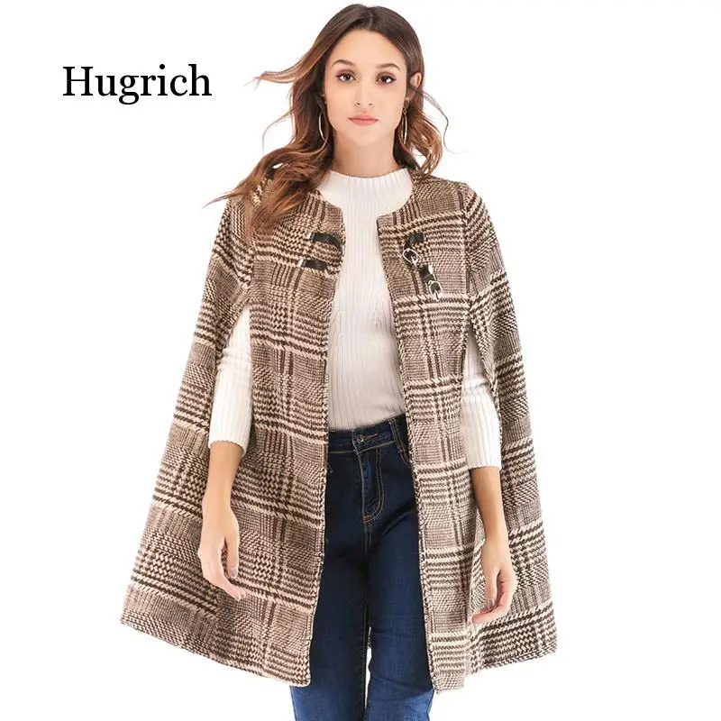 Women's Leather Buckle Cloak Sleeve Plaid Tweed Cape Coat Autumn Winter Elegant Ol Workwear Women Outerwear Coats