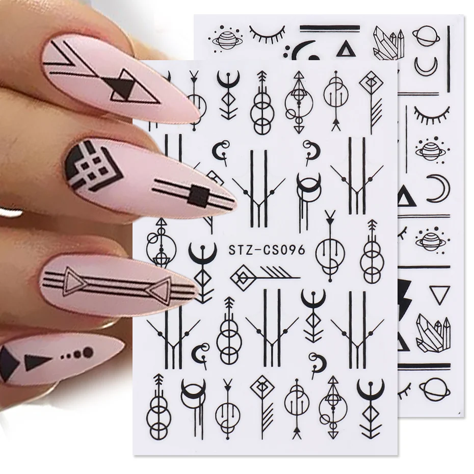 검은 기하학 네일 스티커 3D 라인 추상 얼굴 그래픽 문신 슬라이더 매니큐어 달 꽃 네일 아트 장식 NLSTZ-CS093