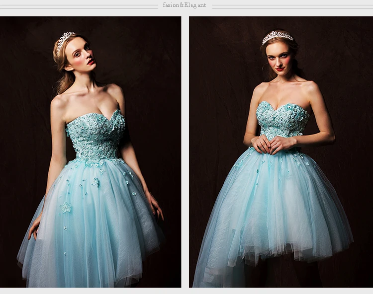 

sexy sweetheart lace appliques short Prom 2019 new style sky blue tulle Custom ball knee-length party gown bridesmaid dresses