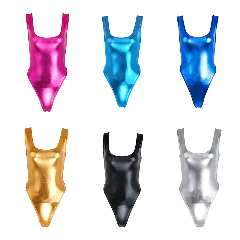 Womens Patent Leather Bodysuit Sleeveless High Cut Thong Gymnastics Leotard Swimwear Pole Dancewear Party Performance Costume