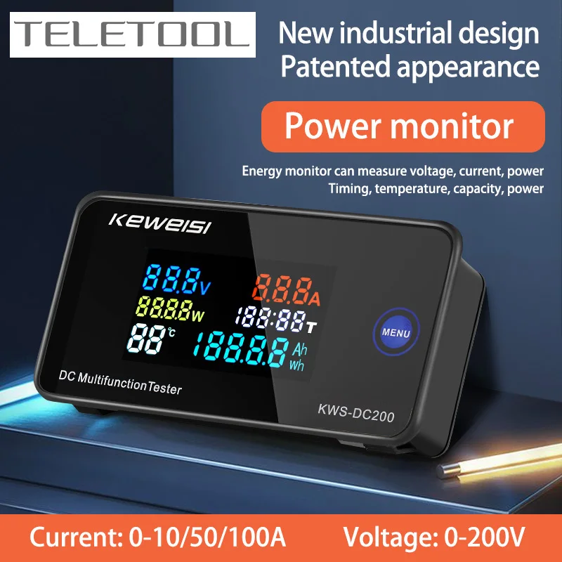 KWS DC200 Digital Voltmeter 0-200V Voltage Seven Functions Power Energy Meter LED Color Display Wattmeter 0-10/50/100A