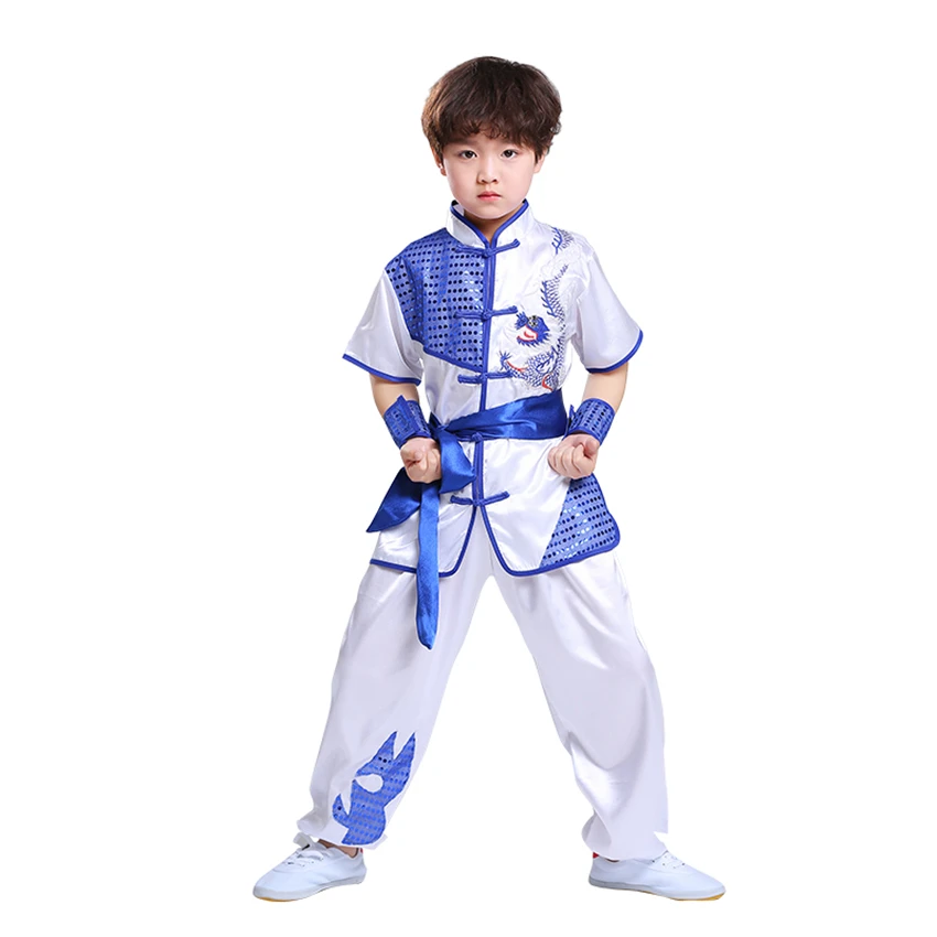 Children Chinese Traditional Style Clothing Set Sequin Dragon Embroidery Long&Short Performance Tai Chi Kung Fu Uniforms