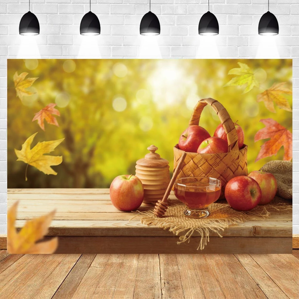 

Yeele Jewish New Year Rosh Hashanah Backdrop Photography Vinyl Pomegranate Shofar Honey Autumn Leaves Photographic Background