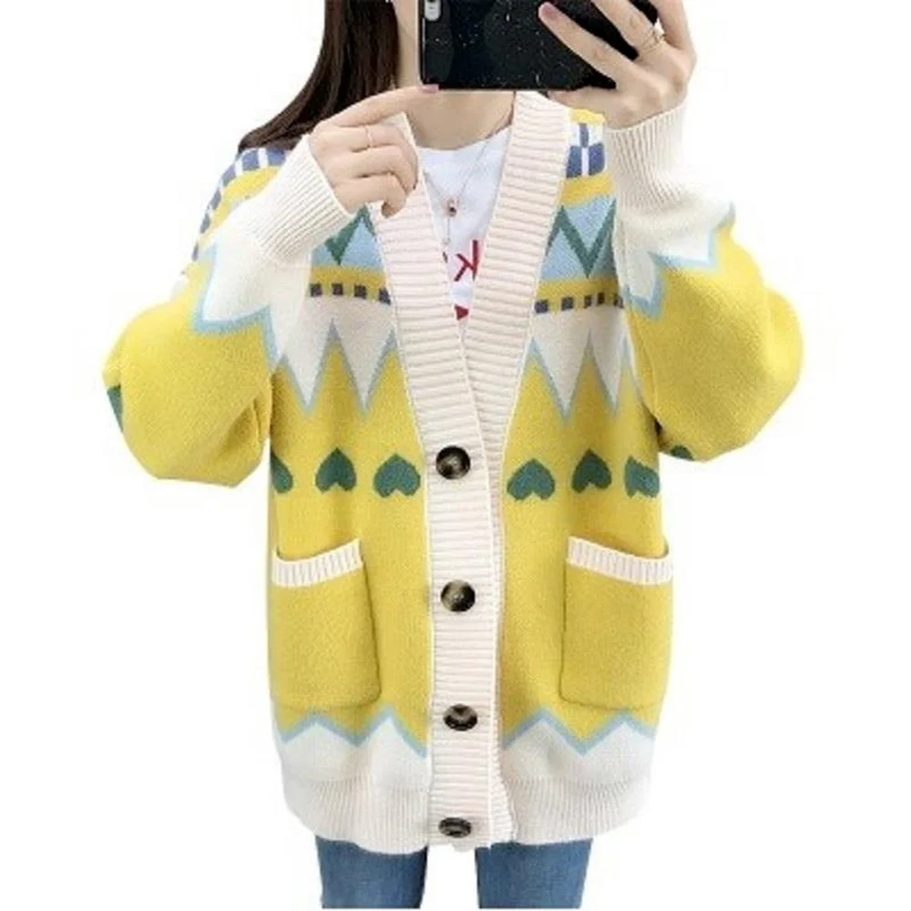 Large Size 125KG Autumn Ladies Cardigan,Orange Striped Pocket Sweater,Blue V-neck Button Loose Coat 5XL Korean Aesthetic Sweater