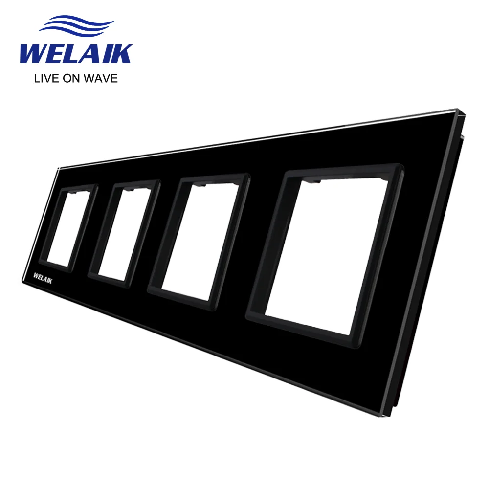 WELAIK  EU 4Frame 293*80mm White Wall Socket Outlet Square Hole Crystal Tempered Glass Panel Only DIY Parts  A48W1