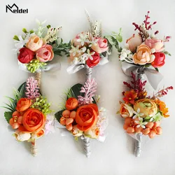 Meldel Silk Rose Boutonniere Wedding Wrist Corsage Bridesmaids Bracelet Groom Boutonniere Wedding Marriage Corsage Orange Flower
