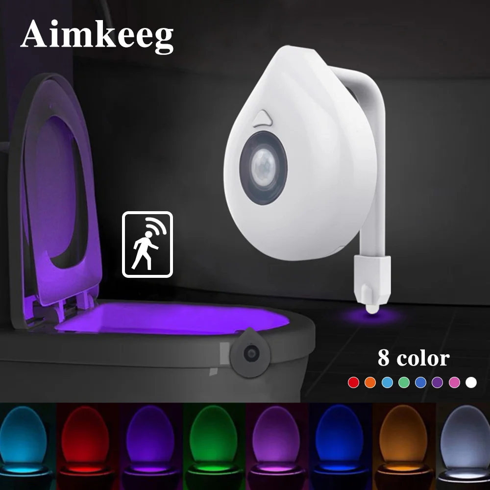 Aimkeeg Toilet Battery Powered Backlight RGB 8 Color Changeable Led Motion Sensor Toilet Light Ambient Night Light for Bathroom