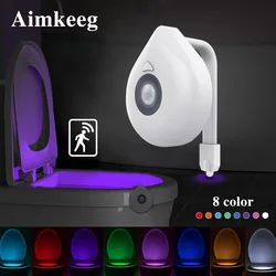 Aimkeeg toalete bateria alimentado backlight rgb 8 cor mutável led sensor de movimento toalete luz da noite ambiente para o banheiro