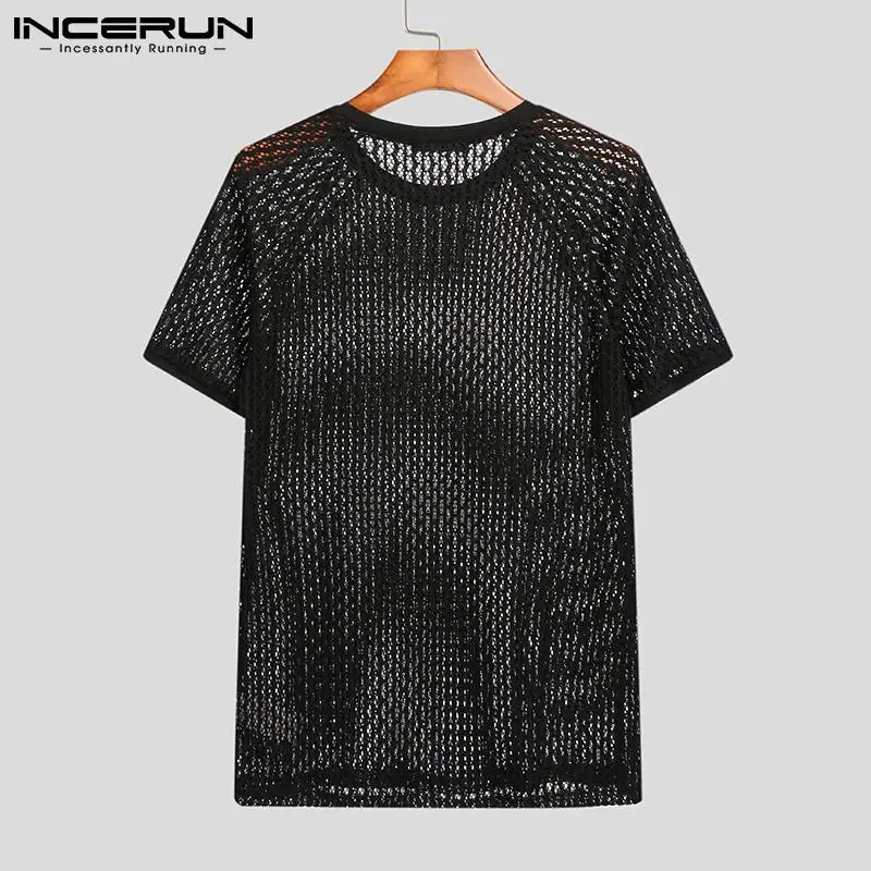 INCERUN Men T Shirt Solid Color Hollow Out See Through Sexy Short Sleeve O Neck Tee Tops Streetwear 2024 Casual Party Camisetas