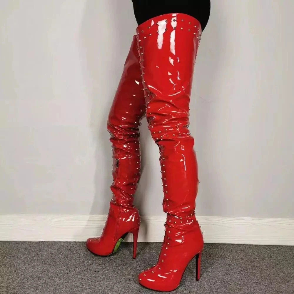 

Thigh High Crotch Boots Sexy Studded Stiletto High Heels Booties Round Toe Red Night Club Party Rain Shoes Women US Size 5-20