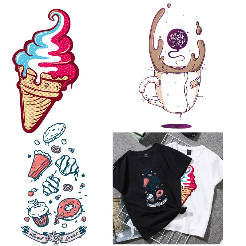 Cartoon Ice Cream Heat Transfers Iron on Patches for Clothing DIY Dessert Stickers Appliques Printed A-level Washable Decor