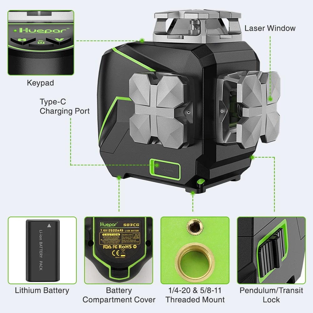 Huepar 2D 8 lines Cross Laser Level Green Beam Professional Self-Leveling Horizontal Vertical with Li-ion Battery & Wall Bracket